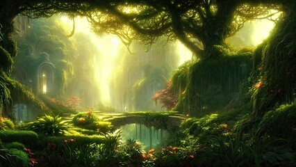 Obraz premium Garden of Eden, exotic fairytale fantasy forest, Green oasis. Unreal fantasy landscape with trees and flowers. Sunlight, shadows, creepers and an arch. 3D illustration.