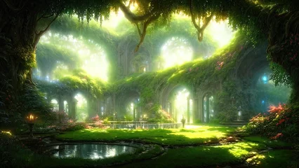 Garden poster Fairy forest Garden of Eden, exotic fairytale fantasy forest, Green oasis. Unreal fantasy landscape with trees and flowers. Sunlight, shadows, creepers and an arch. 3D illustration.