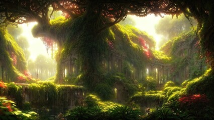 Fototapeta premium Garden of Eden, exotic fairytale fantasy forest, Green oasis. Unreal fantasy landscape with trees and flowers. Sunlight, shadows, creepers and an arch. 3D illustration.
