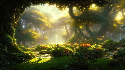 Fototapeta premium Garden of Eden, exotic fairytale fantasy forest, Green oasis. Unreal fantasy landscape with trees and flowers. Sunlight, shadows, creepers and an arch. 3D illustration.