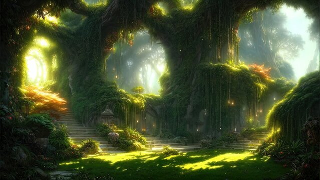 Garden of Eden, exotic fairytale fantasy forest, Green oasis. Unreal fantasy landscape with trees and flowers. Sunlight, shadows, creepers and an arch. 3D illustration.