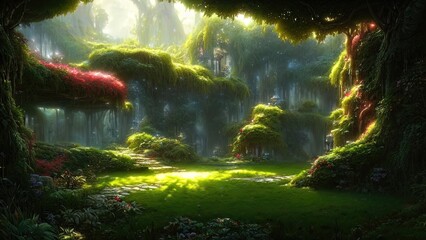 Fototapeta premium Garden of Eden, exotic fairytale fantasy forest, Green oasis. Unreal fantasy landscape with trees and flowers. Sunlight, shadows, creepers and an arch. 3D illustration.