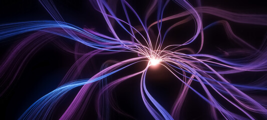 Abstract 3D illustration of purple glowing orb with long curly waving tendrils, science or research concept, neuron cell or synapse visualization on black background