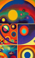 Obraz premium Circle in circles digiatl abstract wall art print, painting in abstractionism modern cubism and expressionism mixed style. Vibrant artwork background pattern for creaive design creation.