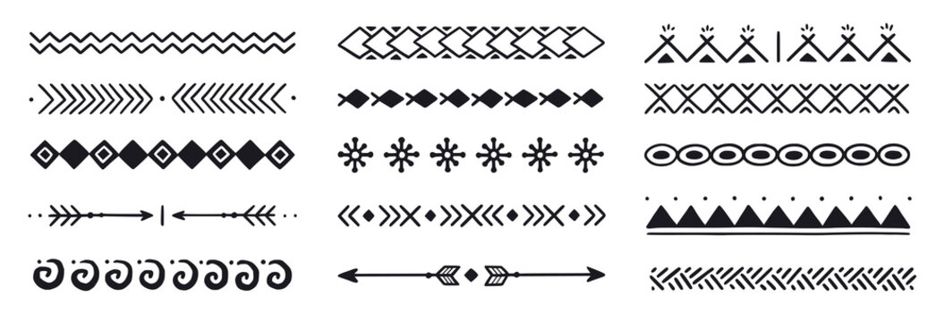 Hand drawn folk motif, ethnic pattern set. Peru, mexican, aztec drawn border pattern. Boho, indian decoration, arrow element. Vector illustration.