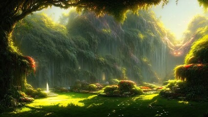 Garden of Eden, exotic fairytale fantasy forest, Green oasis. Unreal fantasy landscape with trees and flowers. Sunlight, shadows, creepers and an arch. 3D illustration. - obrazy, fototapety, plakaty