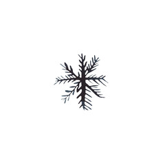 Hand drawn watercolour illustration of dark blue snowflake. Isolated on white background.