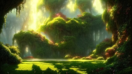 Garden of Eden, exotic fairytale fantasy forest, Green oasis. Unreal fantasy landscape with trees and flowers. Sunlight, shadows, creepers and an arch. 3D illustration.