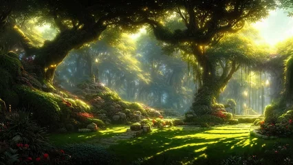 Wandcirkels Sprookjeswereld Garden of Eden, exotisch sprookjesachtig fantasiebos, groene oase. Onwerkelijk fantasielandschap met bomen en bloemen. Zonlicht, schaduwen, klimplanten en een boog. 3D illustratie.  © MiaStendal