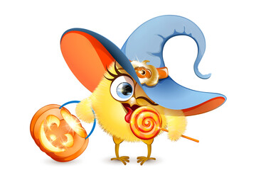Funny cartoon little yellow chick girl in witch costume with pumpkin licking lollipop