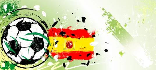 Poster Im Rahmen soccer or football illustration for the great soccer event with paint strokes and splashes, spain national colors © Kirsten Hinte