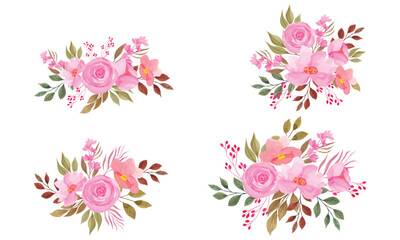 Watercolor pink floral bouquets set