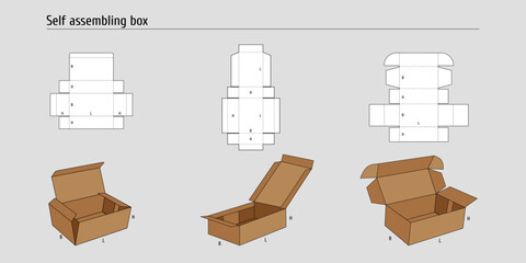 Simple Scheme Template self assembling box. Layout for laser cutting of a cardboard box. Three types of simple boxes for goods.
