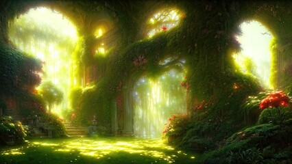Naklejka premium Garden of Eden, exotic fairytale fantasy forest, Green oasis. Unreal fantasy landscape with trees and flowers. Sunlight, shadows, creepers and an arch. 3D illustration.