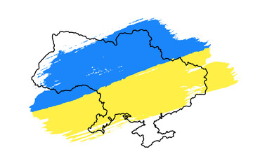 Ukrainian flag grunge brush stroke, map outline, isolated white background. Blue, yellow icon, national emblem sign. Symbol Ukraine. Patriotic design. Concept patriotism, freedom Vector illustration