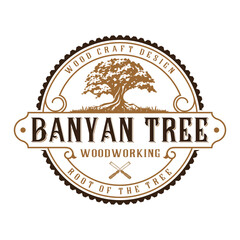 vintage logo design Antique carpentry, oak tree icon with chisel in emblem shape, for crafts, carpentry, furniture and construction
