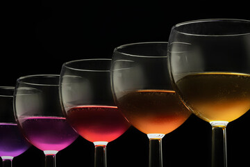Colored glasses and multicolored wine - red yellow blue and purple orange, water