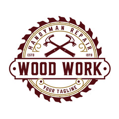 vintage logo design Antique carpentry, hammer and saw icon in emblem form, for crafts, carpentry, furniture and construction