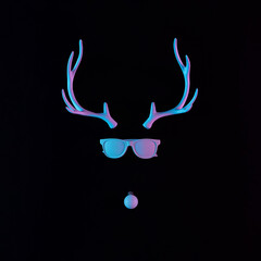 Christmas deer concept. Creative layout made of reindeer antlers, hipster glasses and Christmas decoration in vivid gradient neon colors, flat lay. Concept art. Minimal New Year surrealism.