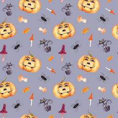 Happy Halloween. Seamless watercolor pattern with Pumpkin Jack and Spider. Watercolor illustration with Black Cat and Mushrooms . Autumn Burnt Leaves.