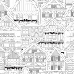Seamless pattern with German houses in half-timbered style. Background with winter old houses in the snow contour illustration in linear style for children's coloring for Christmas and New Year