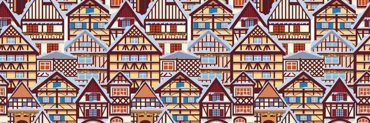 Seamless horizontal pattern with German houses in half-timbered style. Background with winter old houses in the snow. illustration in a flat style for packaging, wallpaper  for Christmas and New Year.