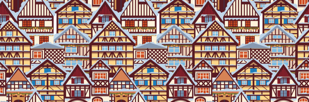 Seamless horizontal pattern with German houses in half-timbered style. Background with winter old houses in the snow. illustration in a flat style for packaging, wallpaper  for Christmas and New Year.