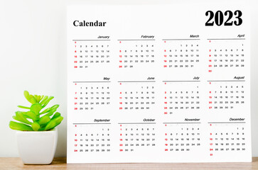 The 12 months desk calendar 2023 on wooden background with plant pot.