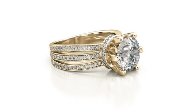 Jewelry engagement yellow gold ring with diamonds. Loop animation. 3D rendering