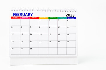 The February 2023 Monthly desk calendar for 2023 year isolated on white background.