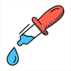 Eyedropper doodle icon vector isolated. Illustration of a hand-drawn chemical or medical equipment. Liquid in the glass pipette.