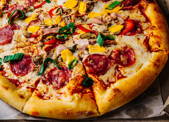 Pizza with Mozzarella cheese, salami, chicken meat, beef, ham, Tomato sauce, pepper, spices