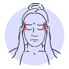Person with headache vector isolated. Sad woman touching temples. Migraine, stress and despair. Portrait of unhappy girl with closed eyes suffering from pain the head.