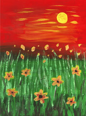 sunset clearing flowers sun grass still life watercolor acrylic