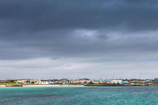 Stormy Sky Over Traditional Houses With Colorful Roofs And Turquoise Blue Sea, Udo Island, Near Jejudo (Jeju Island), South Korea