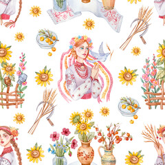 Seamless pattern with Ukrainian girls, flowers in jugs, sunflowers, towel. Ukrainian women in traditional embroidered shirts and wreaths painted in watercolor.