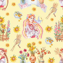 Seamless pattern with Ukrainian girls, flowers in jugs, sunflowers, towel. Ukrainian women in traditional embroidered shirts and wreaths painted in watercolor.