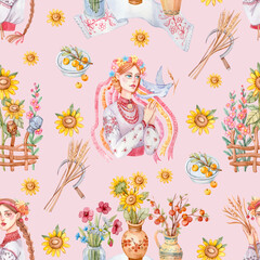 Seamless pattern with Ukrainian girls, flowers in jugs, sunflowers, towel. Ukrainian women in traditional embroidered shirts and wreaths painted in watercolor.