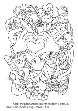 Valentine day. Coloring Page with Game to Find Hidden Objects. Symbols of Love. Worksheet. Hand drawn vector illustration.