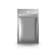 Silver gray foil, plastic, paper flat zip bag with round hang hole for food, healthy, beauty product. Isolated on white background. Ready to use for package design. Realistic vector illustration.
