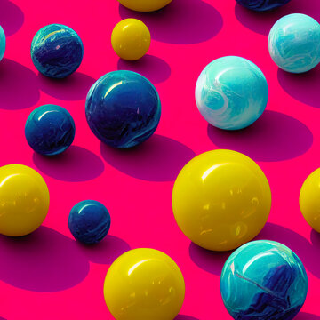 3D-image Of Blue And Yellow Marble Balls On Pink Background, Seamless Pattern