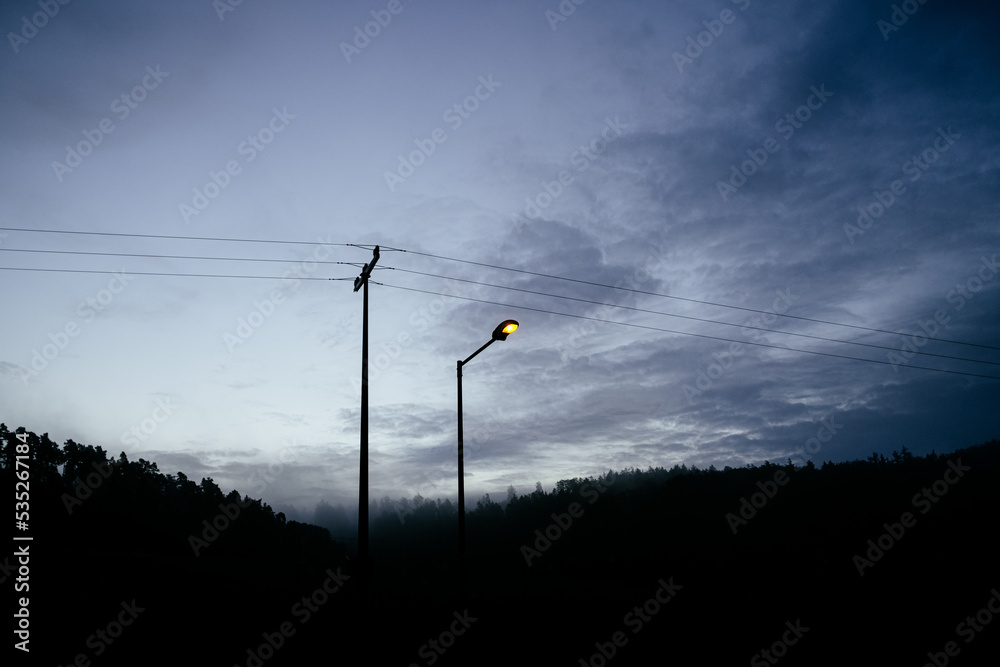 Wall mural yellow street light and telephone wire in front of morning sky and dark forest