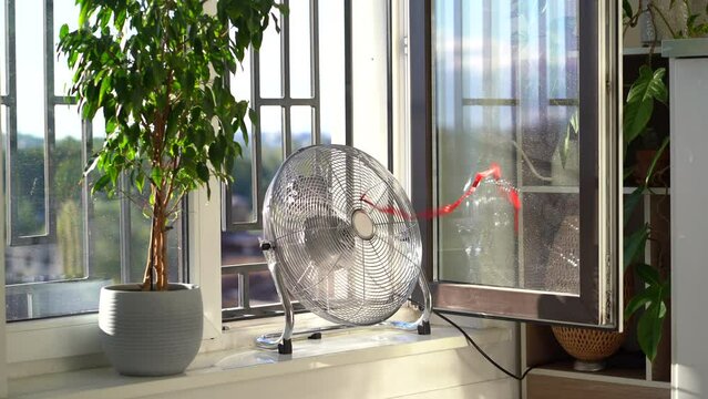 Working electric fan with red wriggle ribbon designed to cool air and supply wind is located on windowsill next to house plant. Equipment for cooling temperature in room in hot summer weather