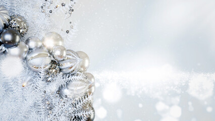 Silver Luxury Christmas tree decoration with motion bokeh. Christmas concept idea.	