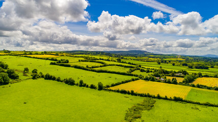Obraz premium Colorful sunrise on foggy day over Tipperary mountains and fields.