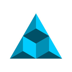 Blue impossible triangle with a cube inside. Geometric shape made of hexagon design elements. 3D optical illusion. Triangular visual effect. Logo template. Tech pyramid. Vector illustration, clip art