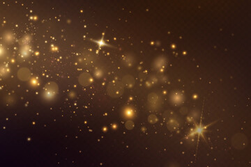 Golden sequins glow with many lights. Glittering dust. Luxurious background of golden particles.