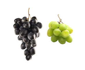 Collection of grape varieties on white background. Black grapes, green grapes.
