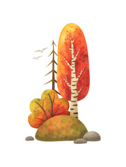 Watercolor autumn landscape for the background. Autumn nature clipart. illustrations of seasonal environment. fall island with trees and bushes. Isolated hand painted image of a forest patch of land