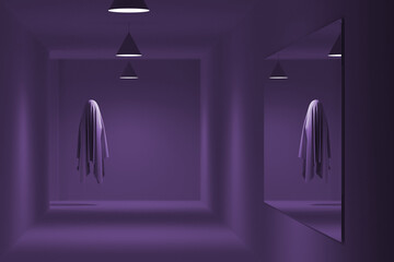 White ghost spirit floating in purple corridor and reflecting in mirror. 3D Rendering, illustration. Halloween holiday concept.